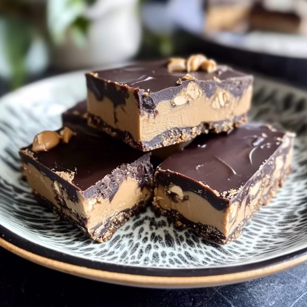 Chocolate fudge and layered peanut butter bars with layers of chocolate, all cut into squares on a plate