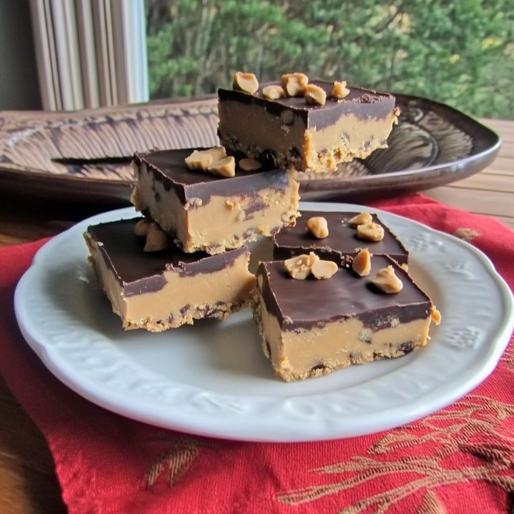 Fudge bars with chocolate and peanuts on top, cut into squares, arranged on a white plate, set against a red cloth napkin on a wooden tabl