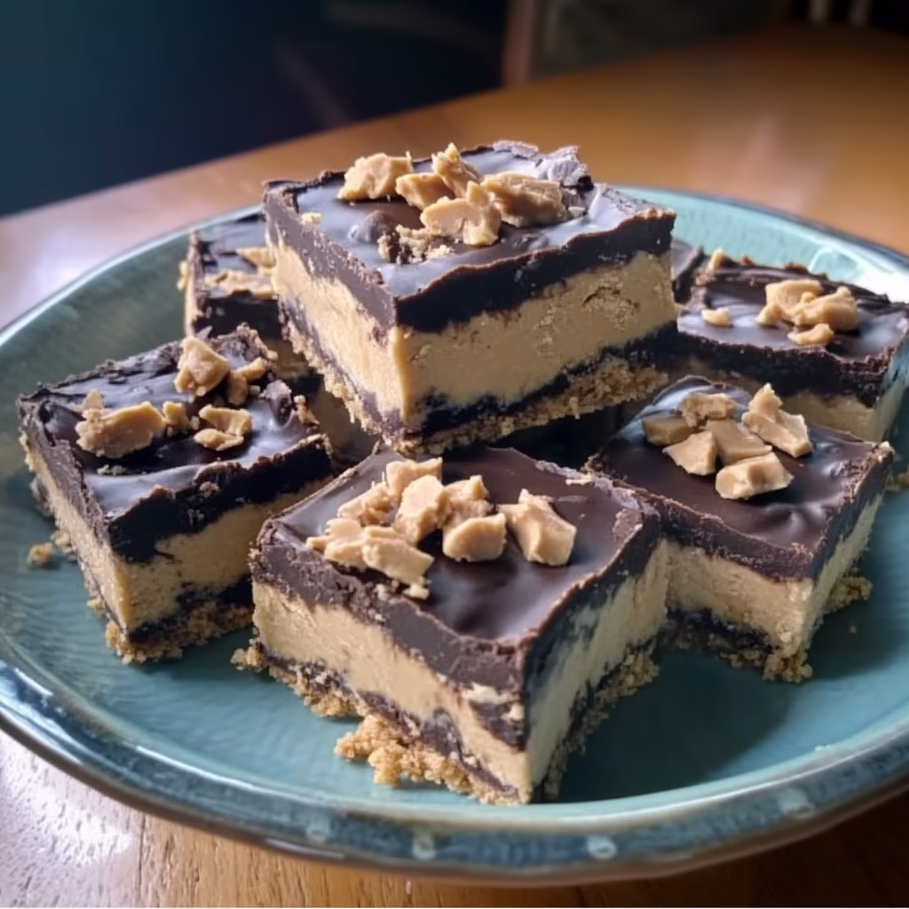 Chocolate and peanut butter fudge bars on a blue plate,