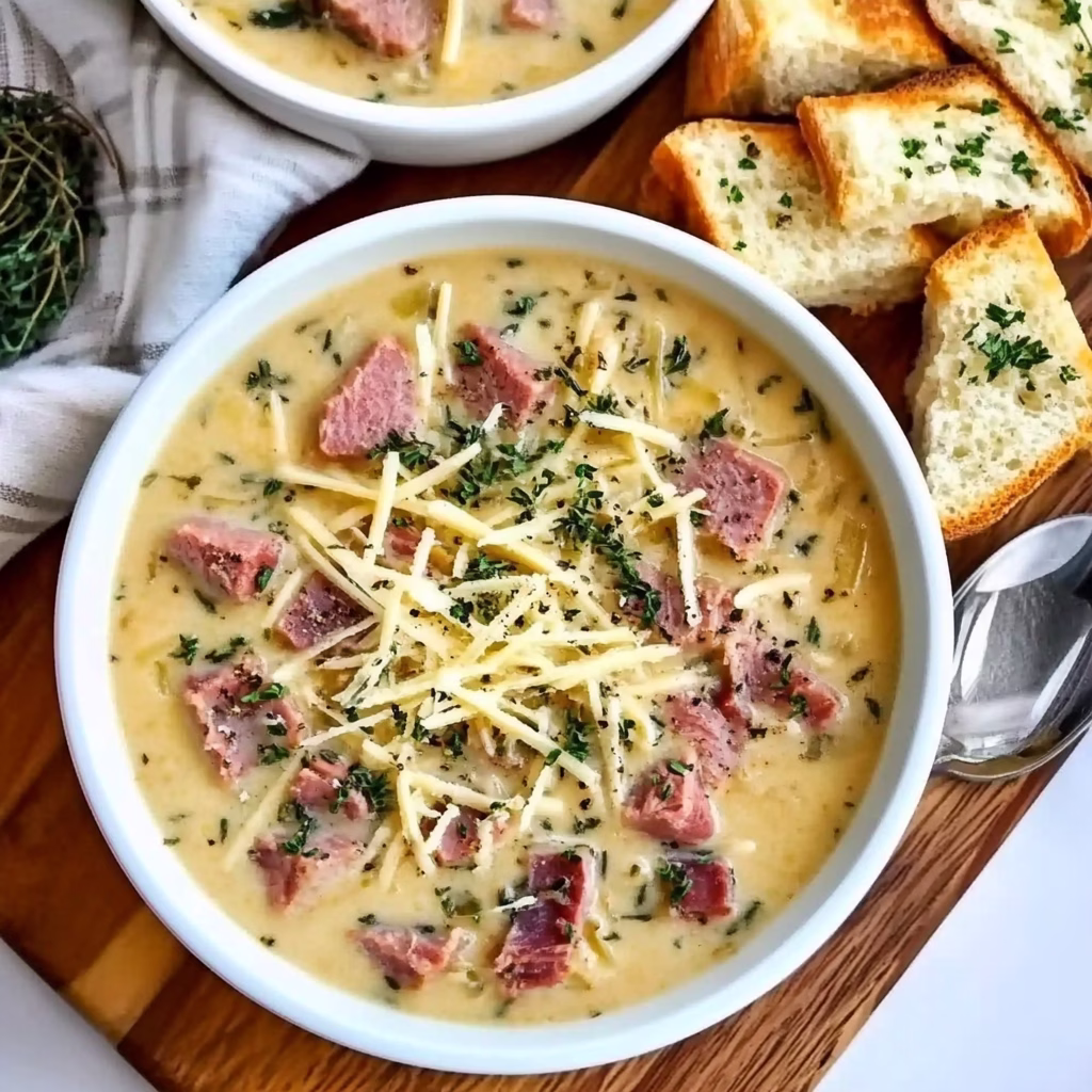 A bowl of creamy soup with sliced ham, cheese, and croutons on top.