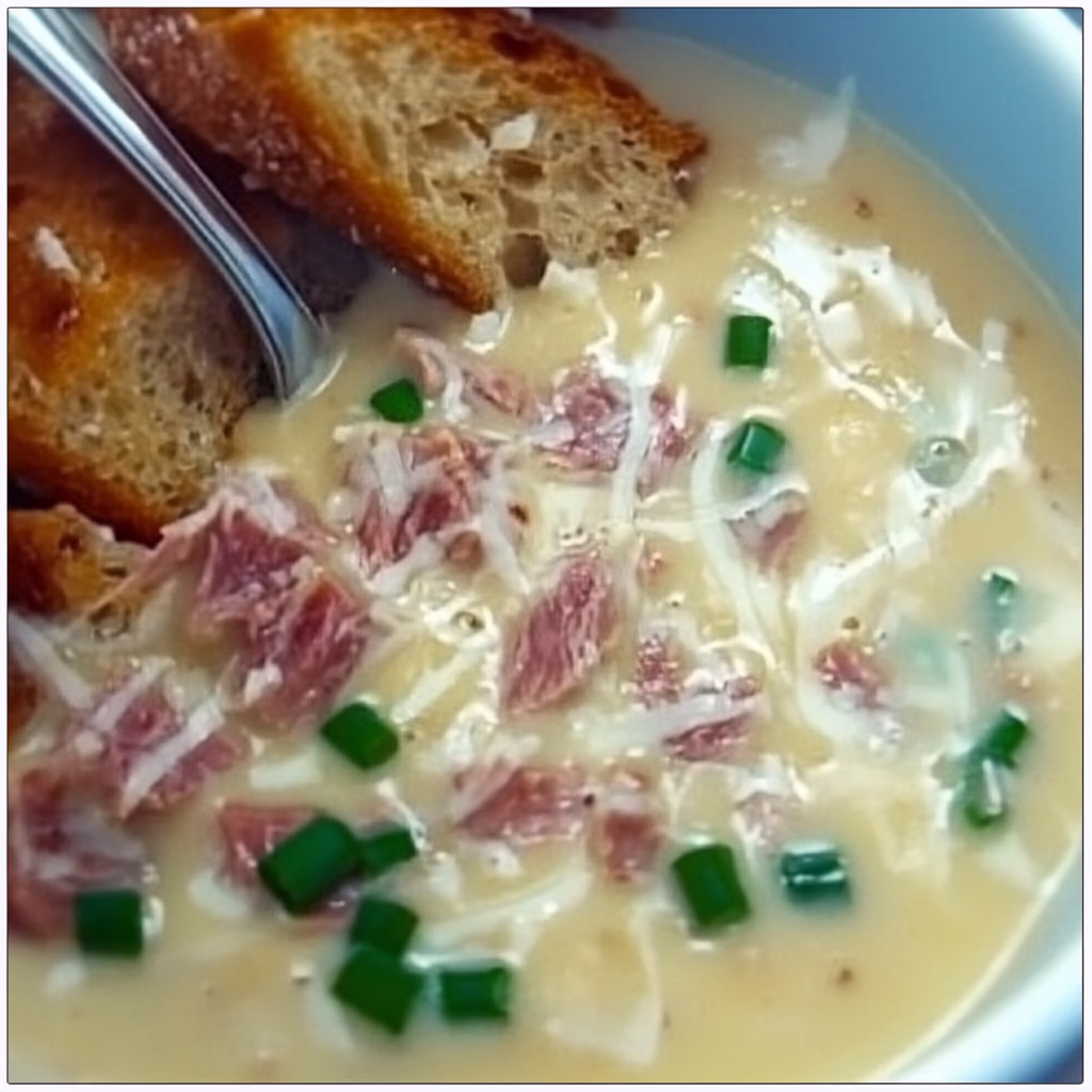 Sour cream and ham soup, with chives on top of the barely visible recura hams in it, and some bread on side, photo taken from inside bow