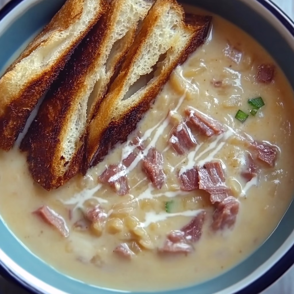 A bowl of creamy soup with ham and cheese on top, sitting next to some slices of bread.