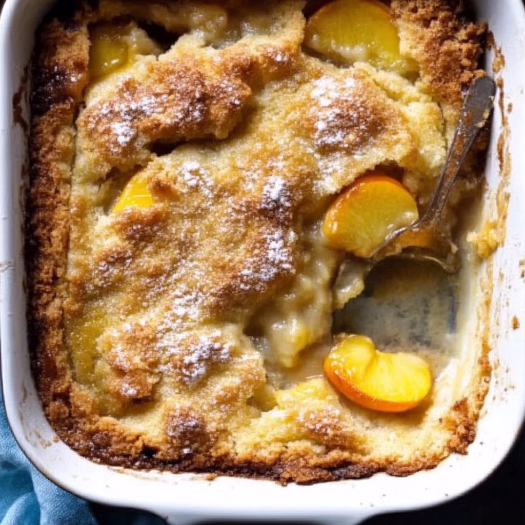 Peach cobbler in a baking dish with a spoon, featuring a golden-brown crust and sliced peaches on top, in close-up.