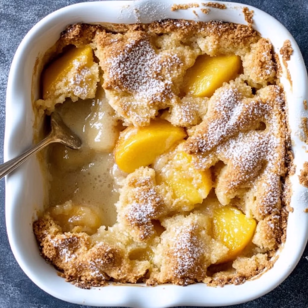 Peach cobbler, sorted with sugar in a white baking dish, with a spoon on the side of the dish.