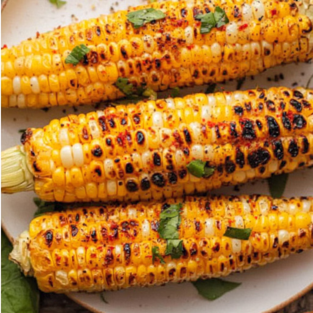Grilled corn on the cob with cayenne pepper and parsley, photographed from above on a white plate. Beautiful food photography