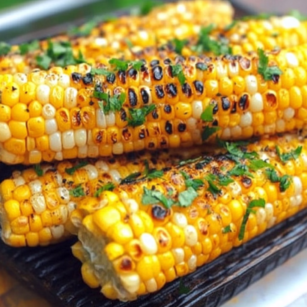 Grilled corn on the cob with black pepper and herbs, beautifully plated