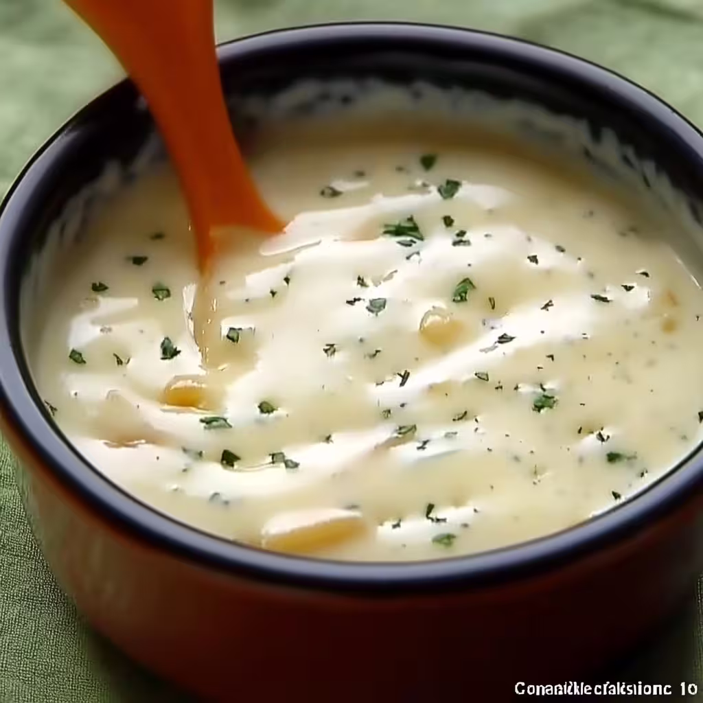 A bowl of creamy soup with lots of cheese, adorned by green napkin and an orange spoon is placed on the table. The cream sauce has been poured over top