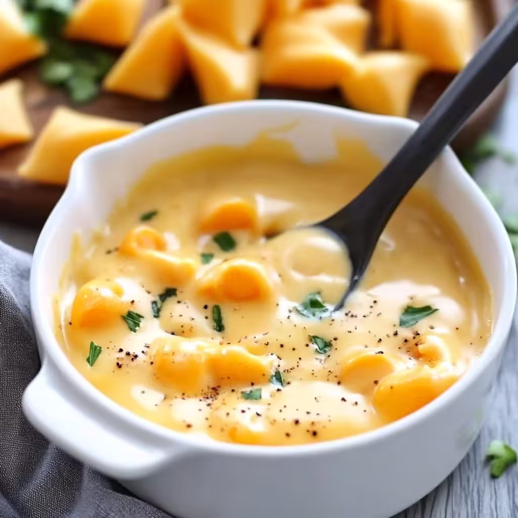 A bowl of cheese soup with yellow cheddar and potatoes,