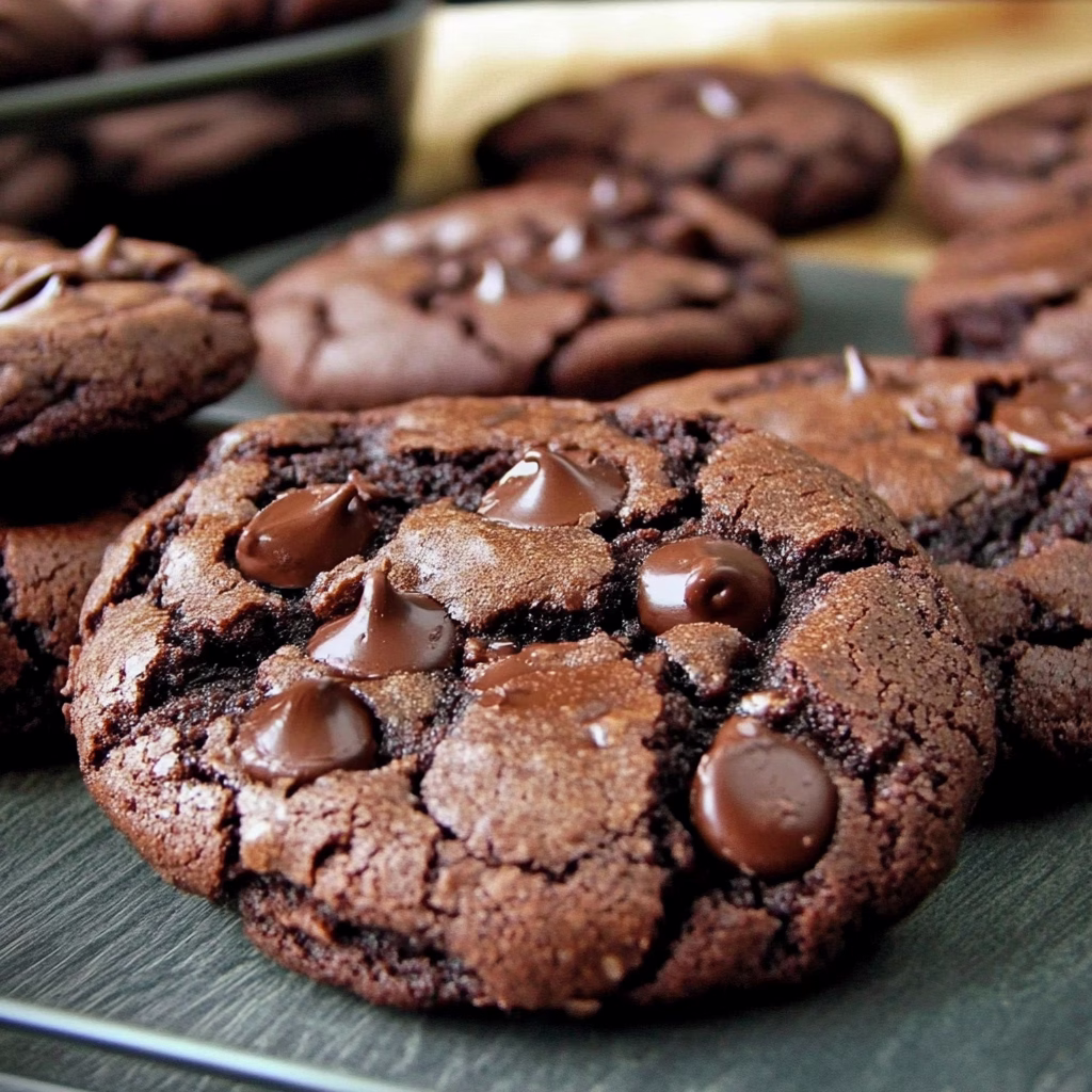 Chocolate cookies with chocolate chips, cut in half and stacked on top of each other, resting next to the pan they were baked in, with a few more cookies behind them. The cookies have a glossy sheen and look delicious. --a