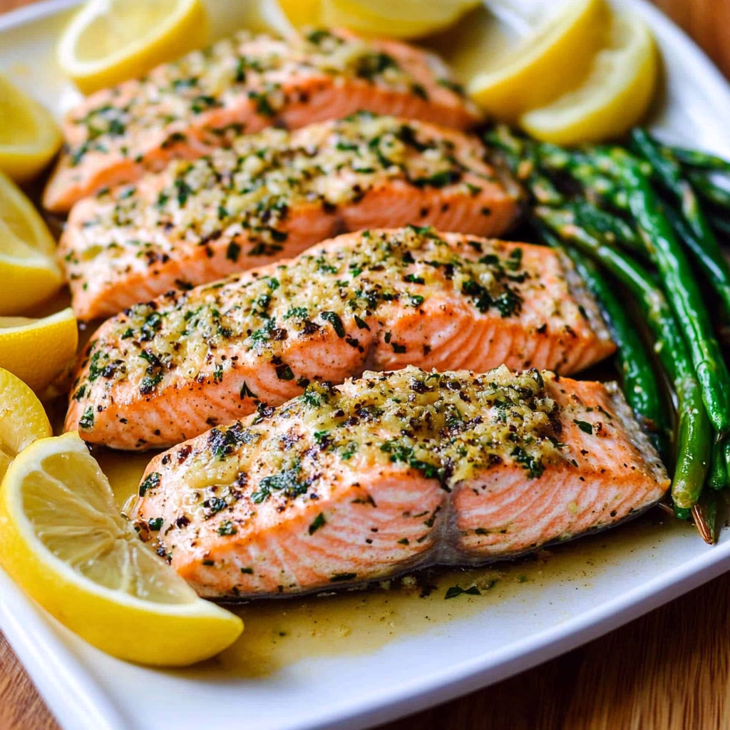 Roasted salmon fillets with lemon and garlic, asparagus on the side.